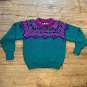 Vintage North Face Blue/Purple Knit Geometric Wool Collared Sweater Women Size 4